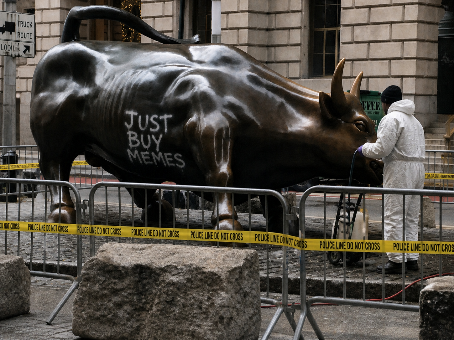 Charging Bull Defaced with 'Just Buy Memes' - Graffiti Sparks Crypto-Fueled Buzz on Wall Street